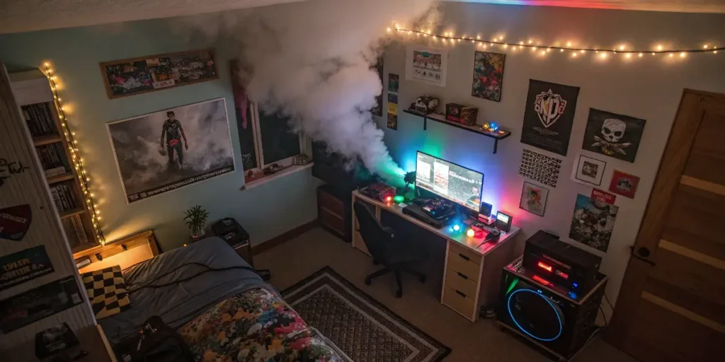 Bedroom filled with vape smoke showing how vapes can trigger smoke alarms in enclosed spaces.