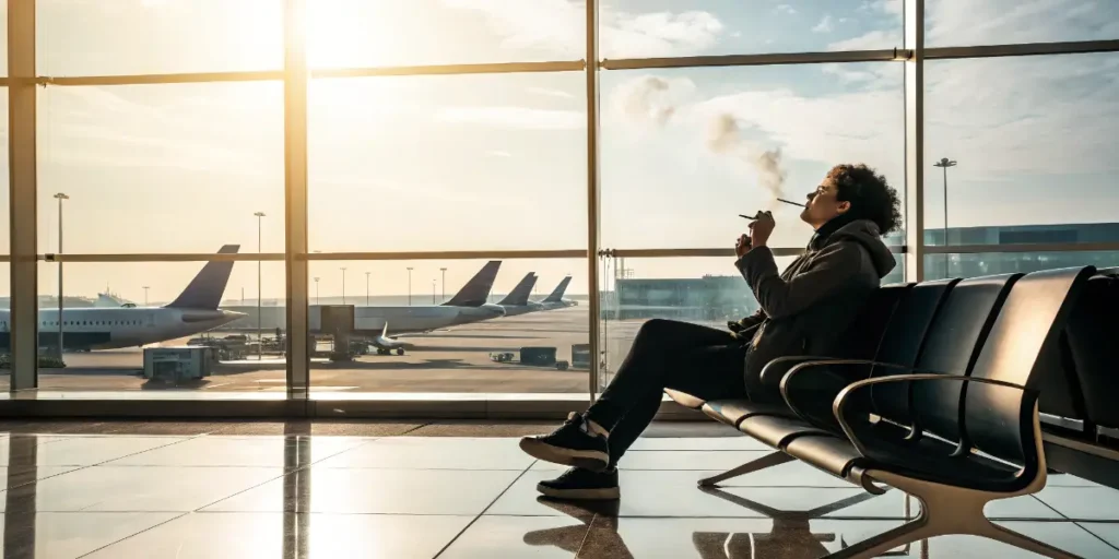 Traveler vaping inside an airport terminal with airplanes visible through large windows.