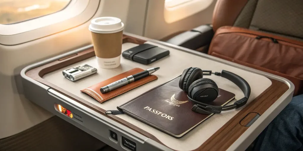 Airplane tray with passport, headphones, coffee, and vape pen before flight takeoff.