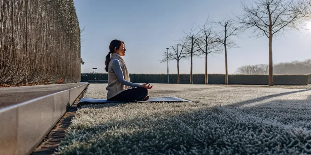 Young woman meditating outdoors on a yoga mat in a peaceful garden
