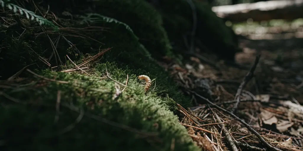worm crawling through moss on a forest floor