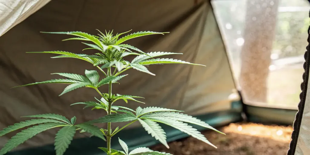 Young cannabis plant growing inside a small tent with natural light.