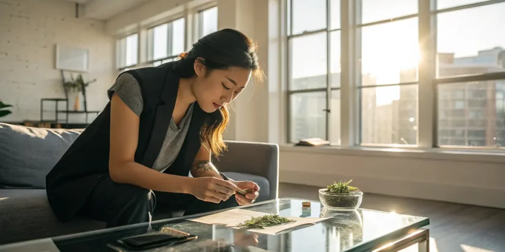 Young professional woman sitting at a coffee table preparing and rolling cannabis in a bright modern apartment.
