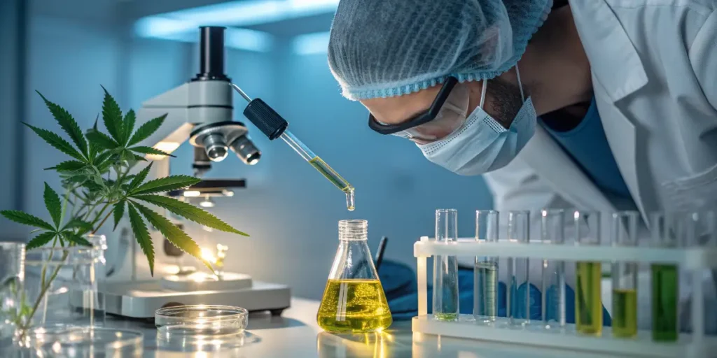 Scientist analyzing cannabis extract in a lab to study CBD Market Growth trends and product development.