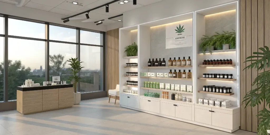 Bright CBD retail showroom with organized product shelves reflecting rising CBD Market Growth demand.
