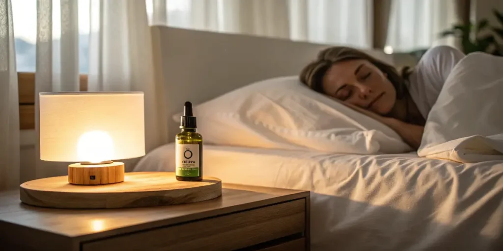 CBD sleep oil on nightstand beside sleeping woman in cozy bedroom setting