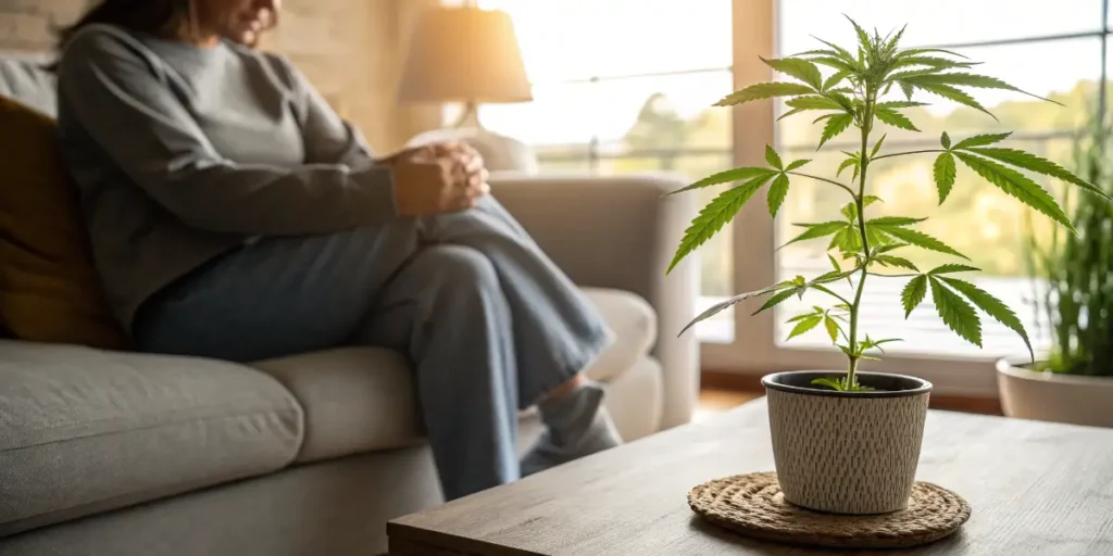 Man sitting by a cannabis plant indoors, considering cannabis as a possible option for RLS symptom relief.