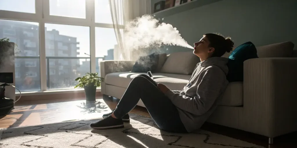 A young woman sitting on the floor in her living room, exhaling a large cloud of vapor.