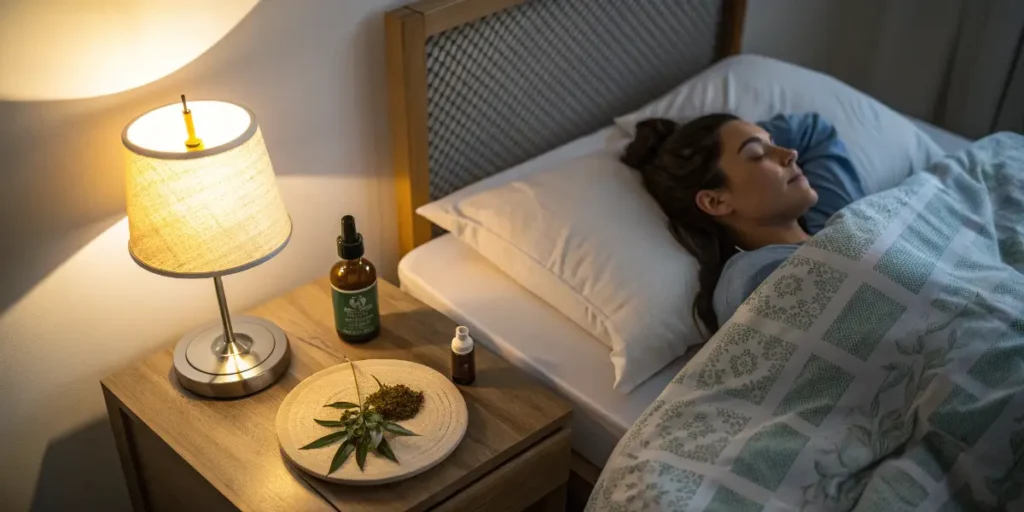 Woman sleeping peacefully in bed with cannabis oil on the nightstand, illustrating whether cannabis can relieve RLS symptoms.
