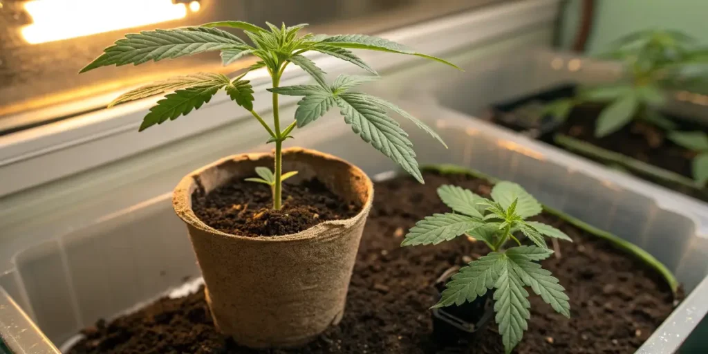 Two young Kyle’s Skywalker OG plants growing in soil containers near a bright window.