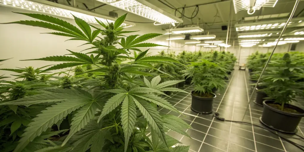 Indoor cannabis grow room filled with La Blanca plants thriving under LED lighting.