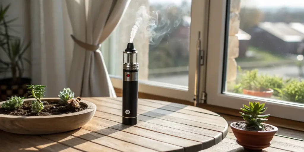 A vape pen emitting vapor on a wooden table near a bright window and potted plants.