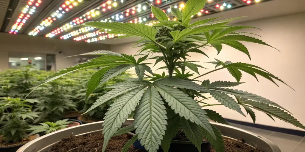 Kyle’s Skywalker OG cannabis plant developing strong foliage in an indoor grow room.