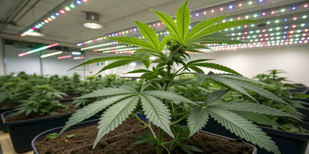 Close-up of a healthy Kyle’s Skywalker OG cannabis plant growing under LED lights.