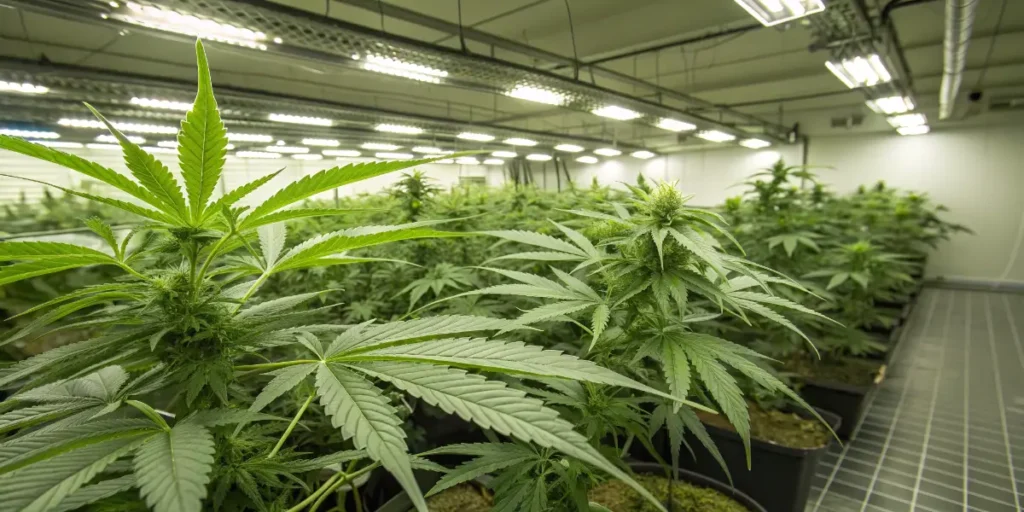 Cannabis plant in the vegetative stage growing indoors under bright LED cultivation lights.