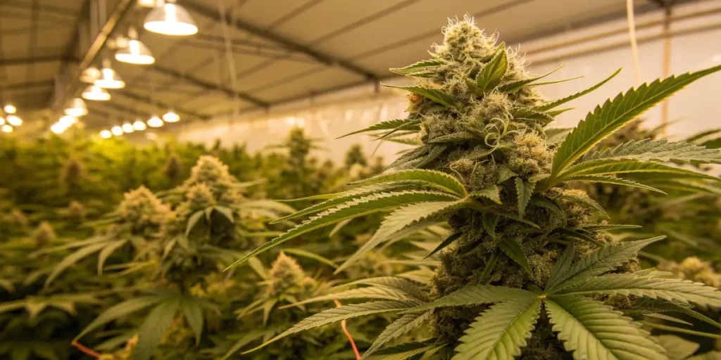 Fully developed La Blanca cannabis buds growing indoors with visible trichomes and thick colas.