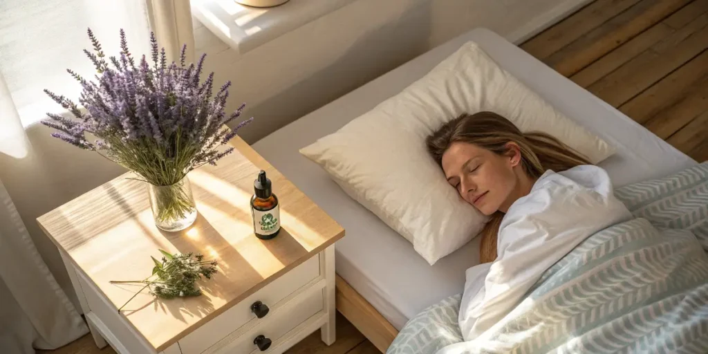 Restful bedroom scene with CBD drops and warm bedside lamp next to a sleeping woman