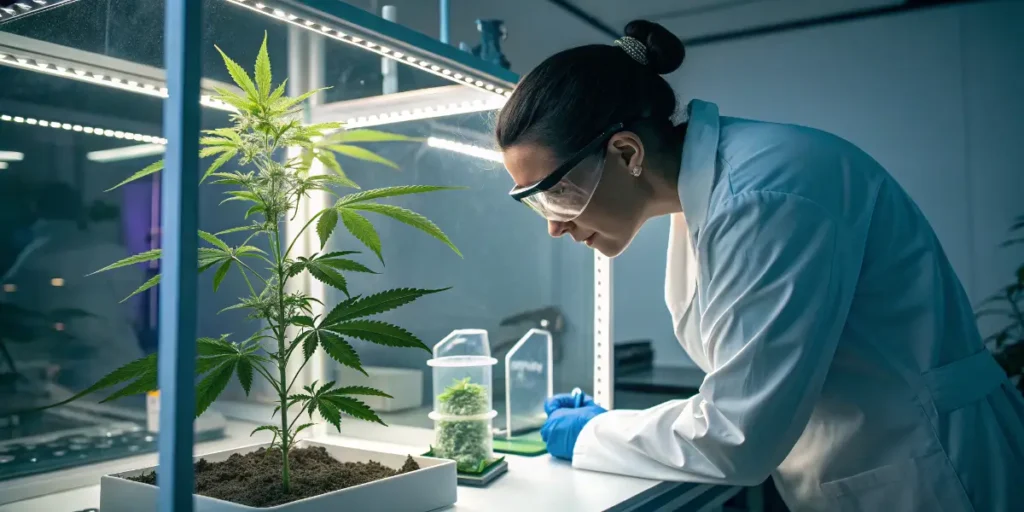 A female scientist wearing protective glasses examines a cannabis plant inside a laboratory grow chamber.