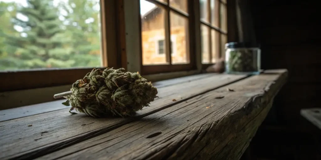 A dried cannabis bud placed near a cabin window with a jar in the background