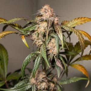 Auto Trichome & Cream autoflower cannabis plant with dense resin-coated buds, creamy terpene profile, orange pistils, and mature flowering structure