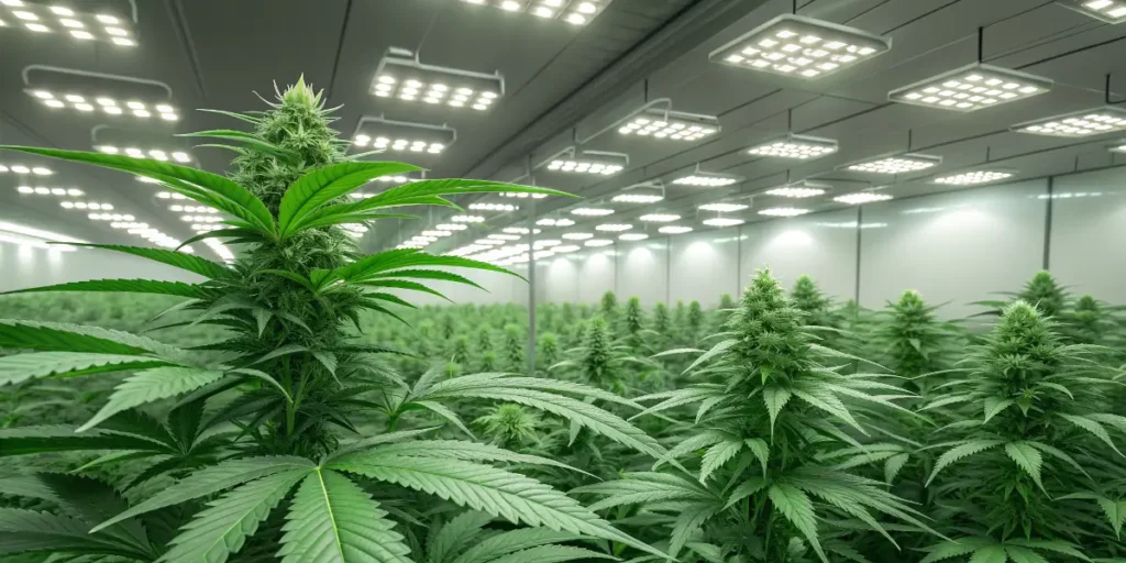 flowering cannabis plants growing indoors under LED panels.