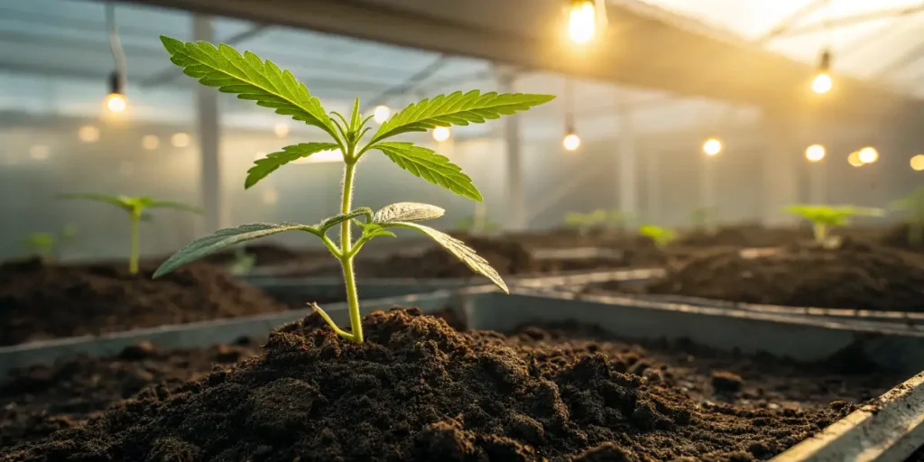 Bubba Kush seedling beginning its growth under warm light.