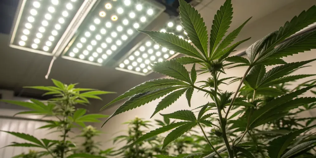 Small cannabis sprout emerging from soil capturing seedling stage.