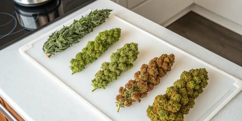 Different stages of cannabis aging and drying displayed on a white cutting board.
