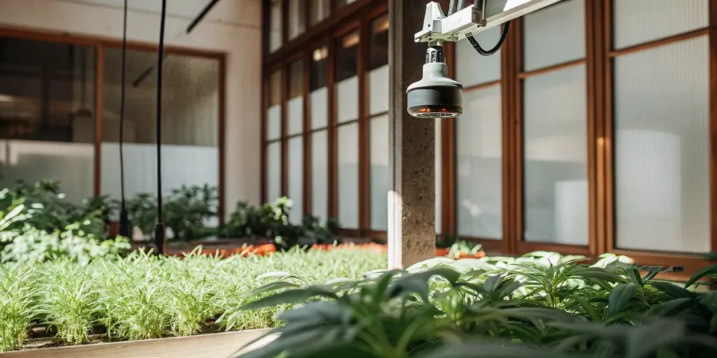 Cannabis plants growing under automated trimming and lighting system