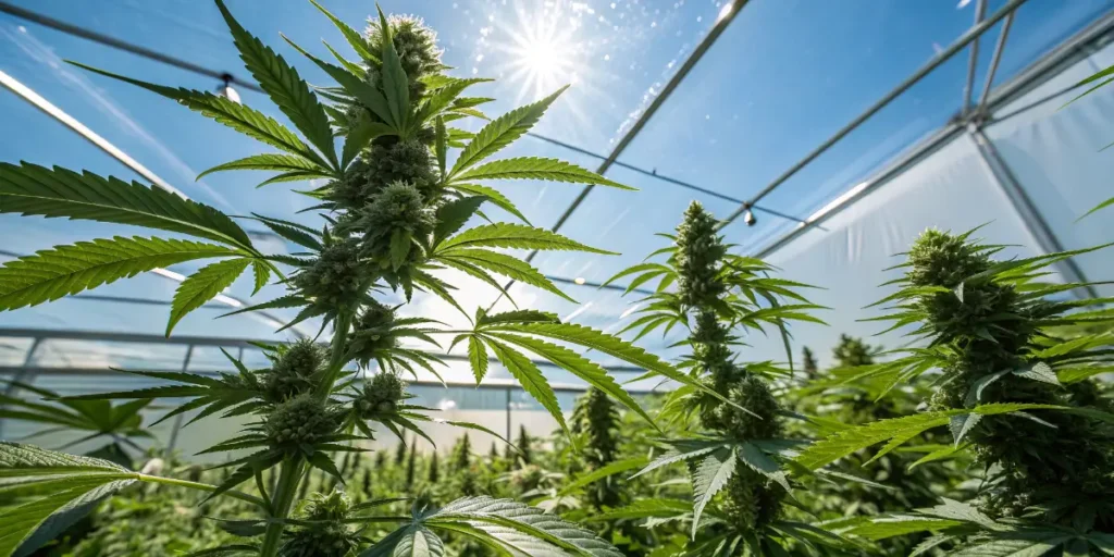 Close-up of a cannabis plant blooming under greenhouse sunlight.