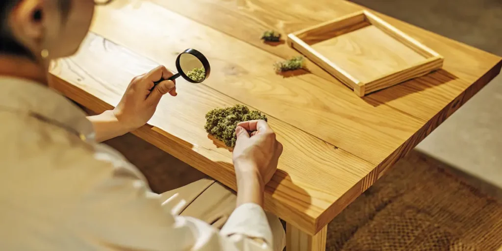Person inspecting cannabis bud with a magnifying glass on a wooden table.