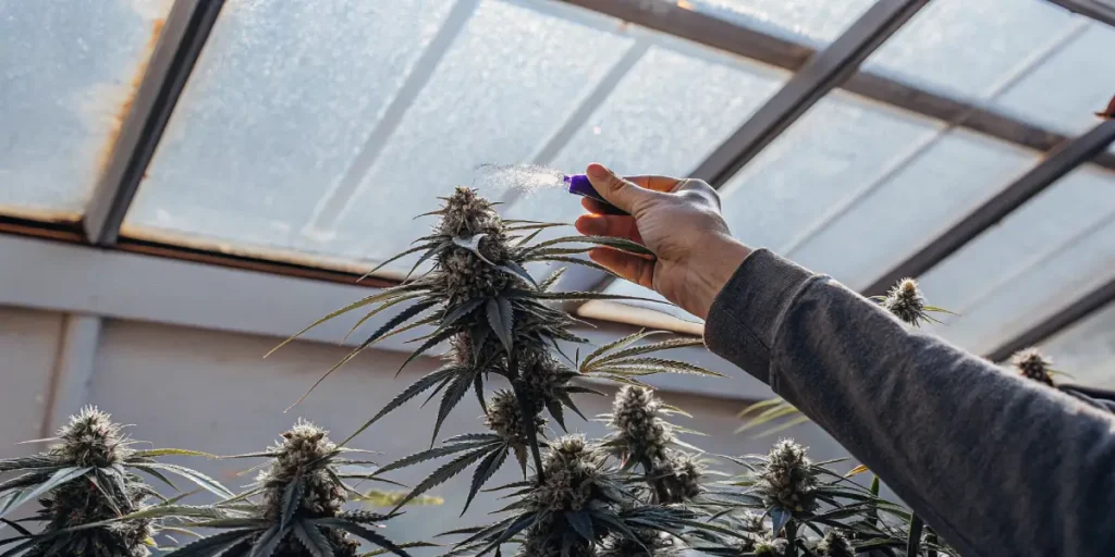 Hand spraying cannabis bud with nutrients inside greenhouse