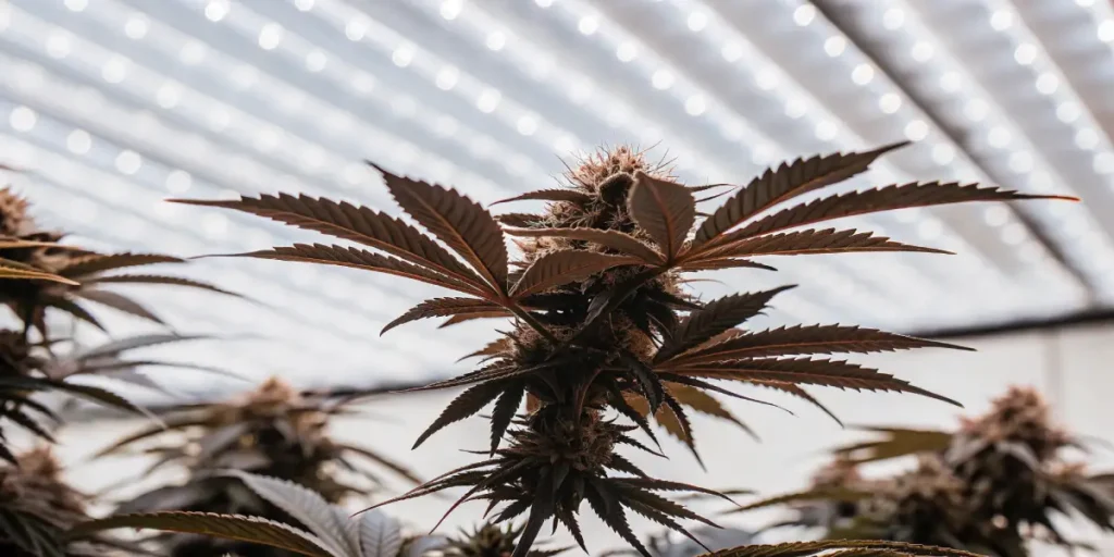 Cannabis bud with dark leaves under LED grow lights indoors.