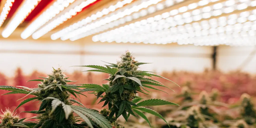 Cannabis plant with resinous buds growing under white LED lights in an indoor grow room.