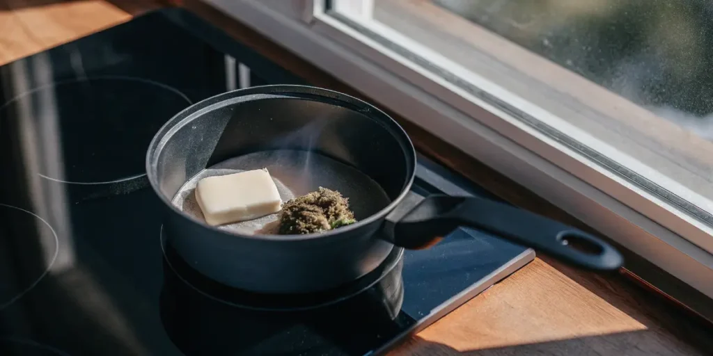 A saucepan with cannabis buds and butter melting on a stovetop by a window.