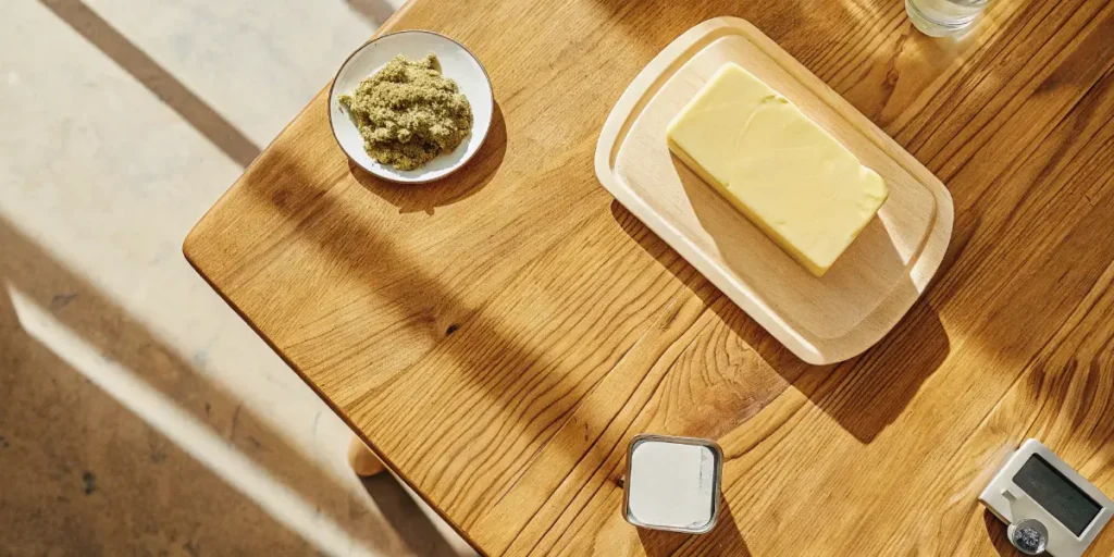 Cannabis powder in a bowl and butter block on a wooden kitchen table.