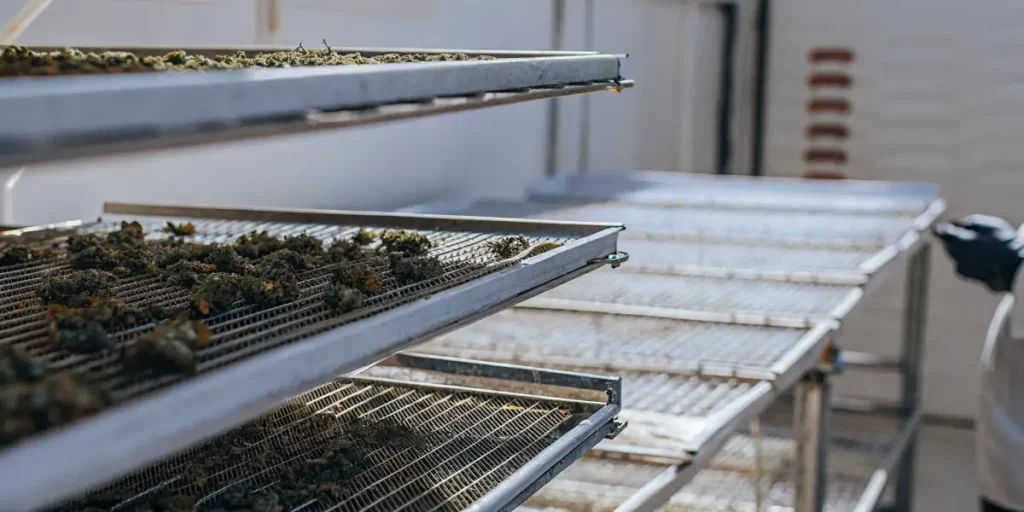Multiple drying trays filled with cannabis buds inside a harvest room.