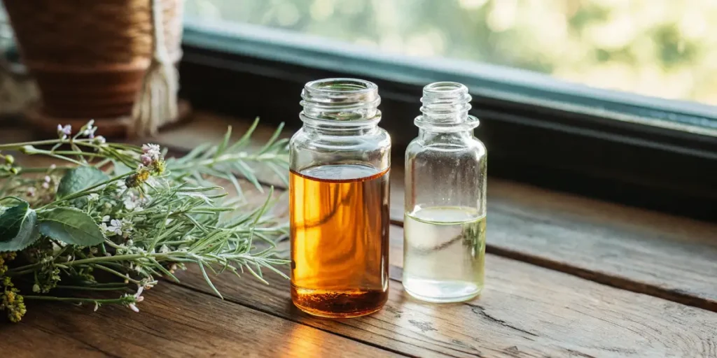 Cannabis essential oil dropper bottles placed by a sunny window with fresh herbs.