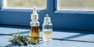 Two glass bottles with cannabis essential oils on a rustic wooden table beside fresh herbs