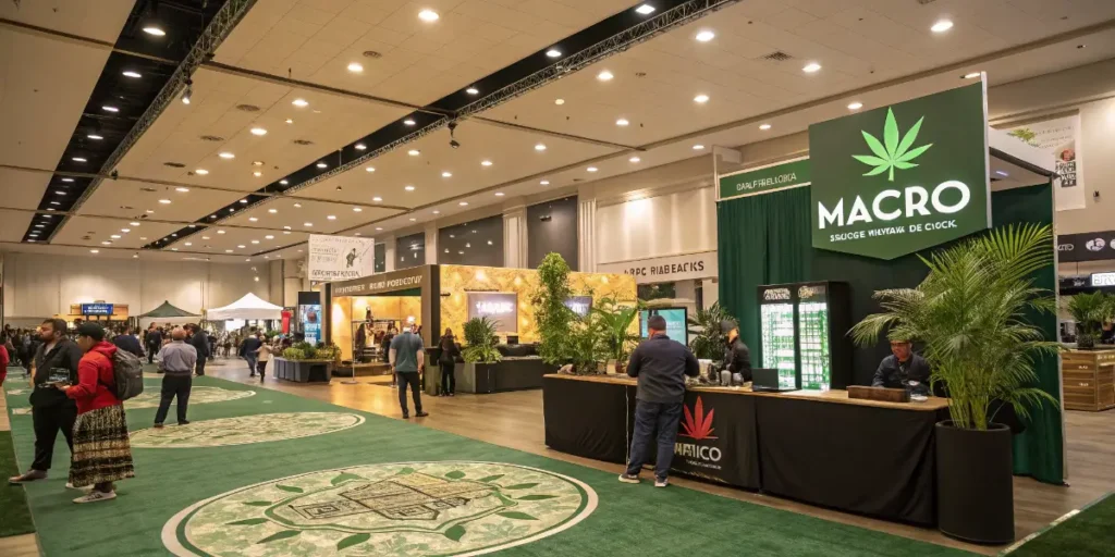 Cannabis industry expo floor in the United States with booths, attendees, and brand displays.