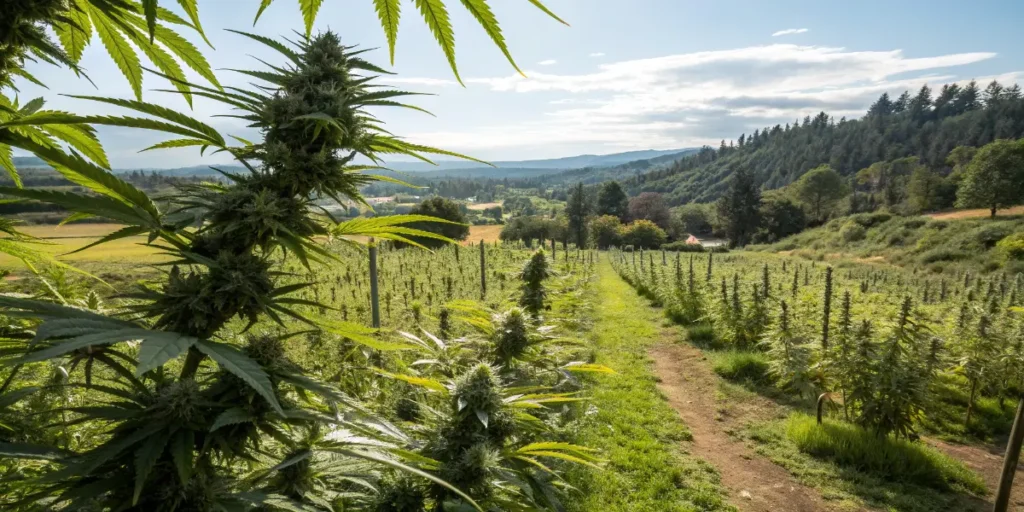 Cannabis farm spread across a green hillside with mature plants and scenic rural landscape