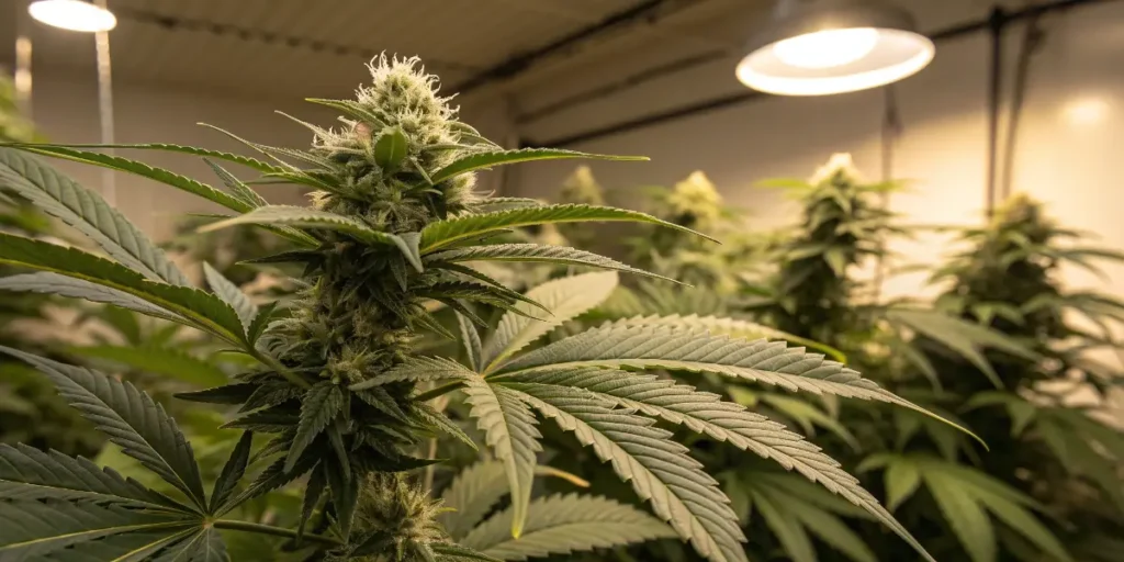 Cannabis flowering cola developing thick buds under warm indoor lighting