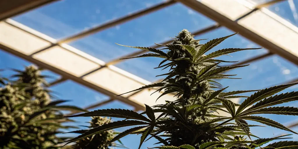 Flowering cannabis plant under natural light in a greenhouse.