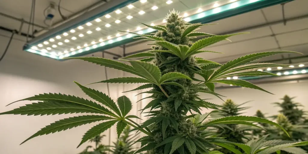 Cannabis plant in mid flowering stage inside a professional LED grow room