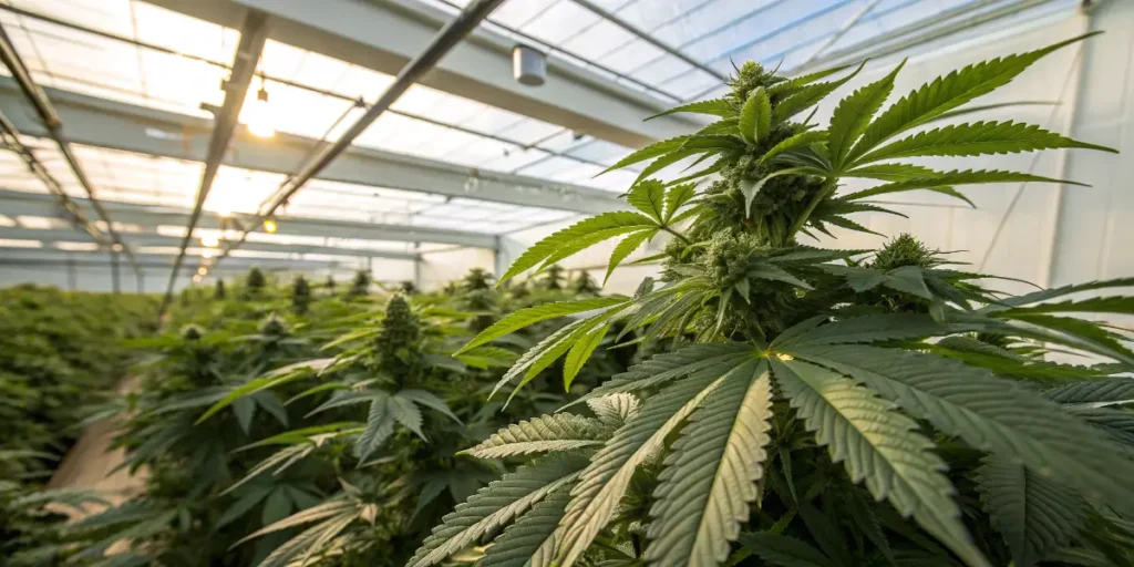 Flowering cannabis plants thriving inside a greenhouse with soft natural light.