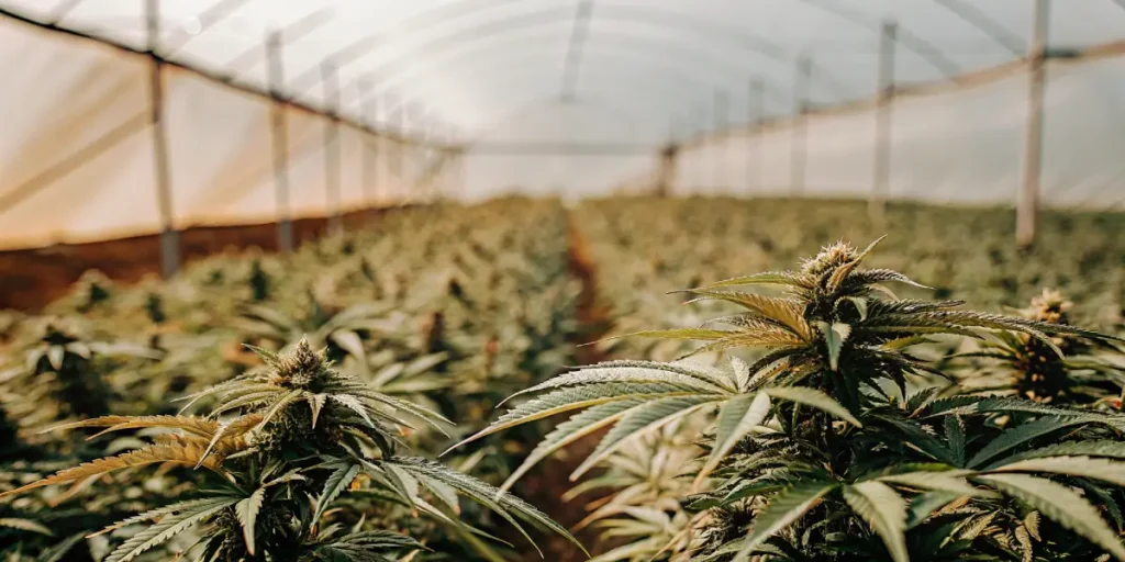 Indoor cannabis greenhouse with flowering marijuana plants under natural light