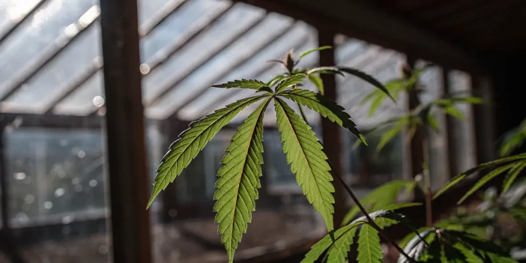 Close-up of a green cannabis leaf inside a greenhouse under natural sunlight.