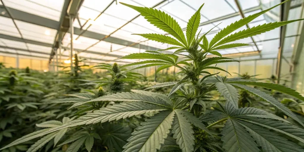 Cannabis plant in strong vegetative growth inside a greenhouse during sunset light.
