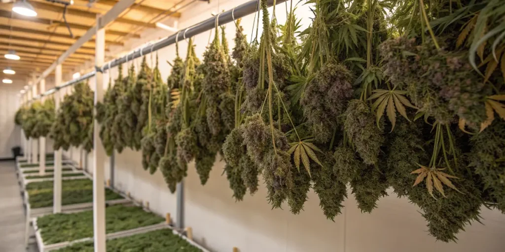 Rows of dense buds hanging to dry showing a Cannabis Harvest Drying process in a controlled room.