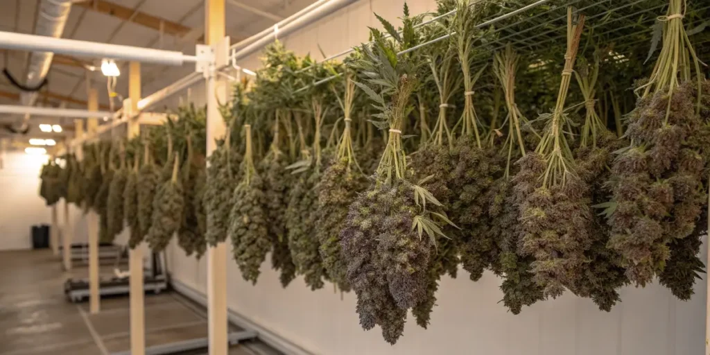 Bundles of trimmed buds suspended on racks as part of the Cannabis Harvest Drying workflow.